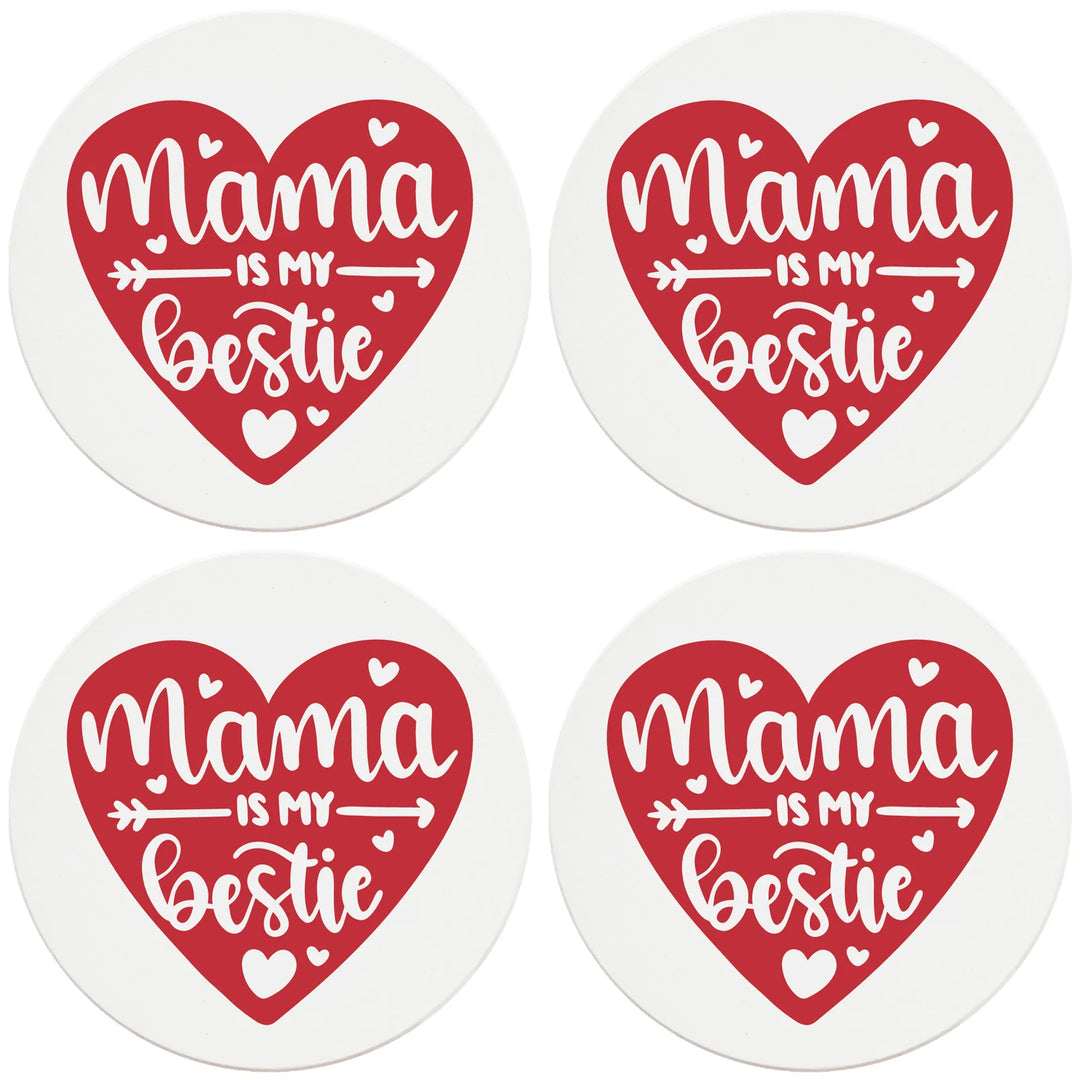 4" Round Ceramic Coasters - Mama  Is My Bestie Heart, 4/Box, 2/Case, 8 Pieces - Christmas by Krebs Wholesale