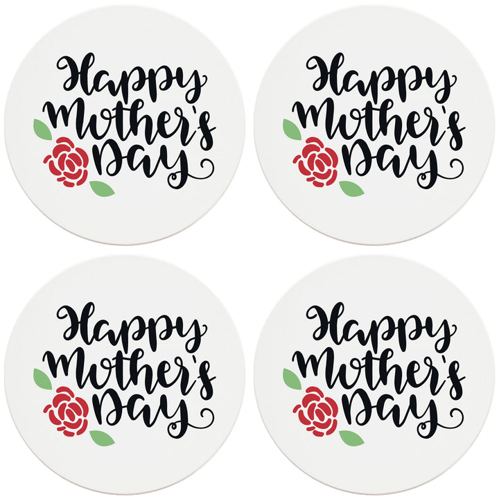 4" Round Ceramic Coasters - Happy Mothers Day with Rose, Set of 4