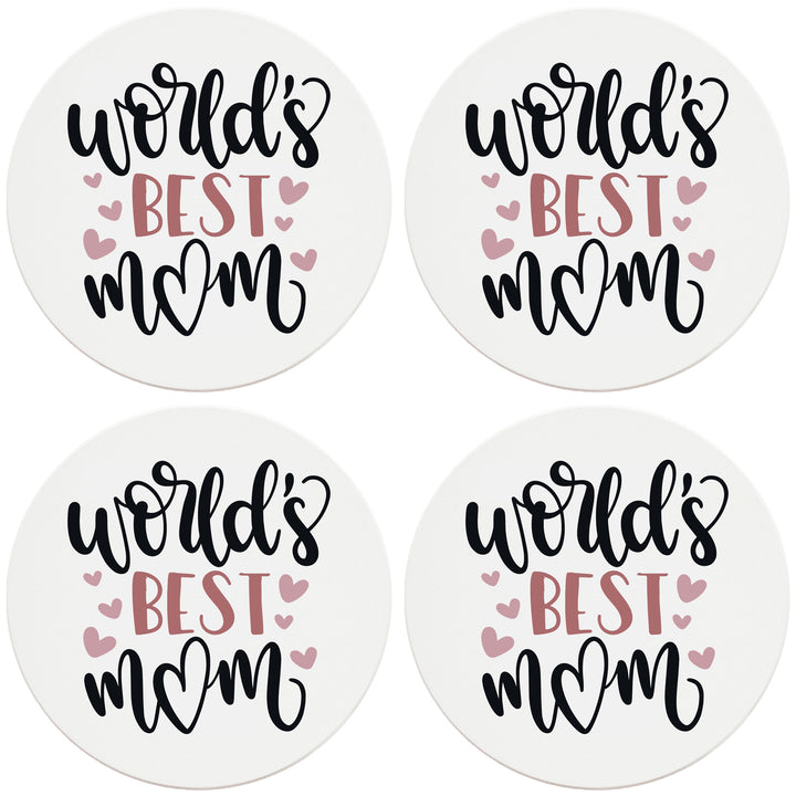 4" Round Ceramic Coasters - World's Best Mom, Set of 4