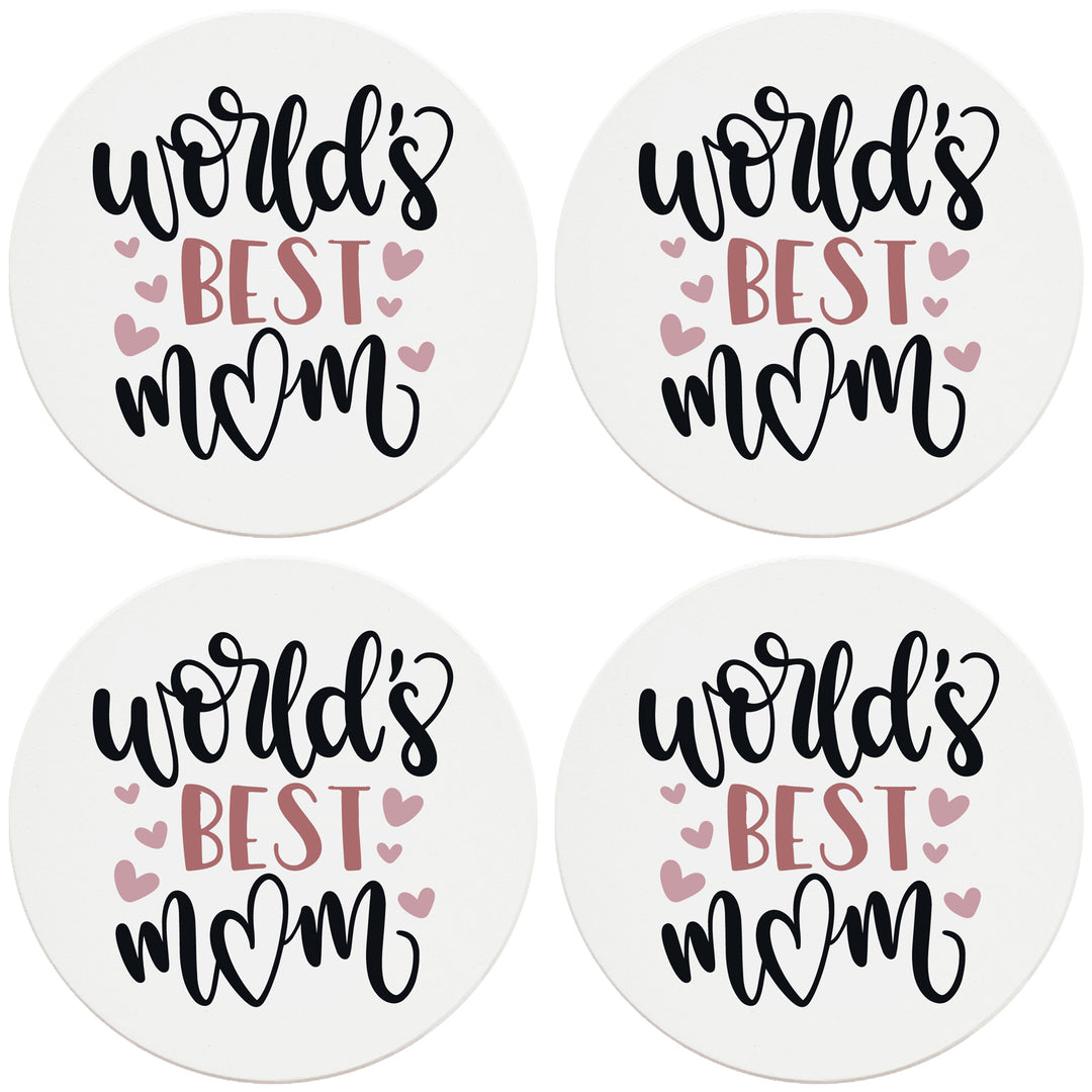 4" Round Ceramic Coasters - World's Best Mom, Set of 4