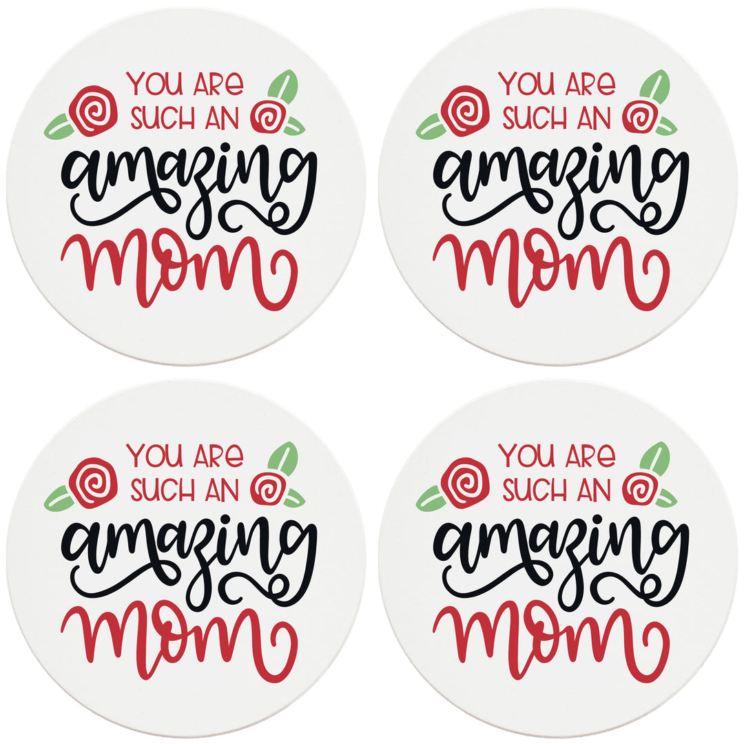4" Round Ceramic Coasters - Amazing Mom, Set of 4