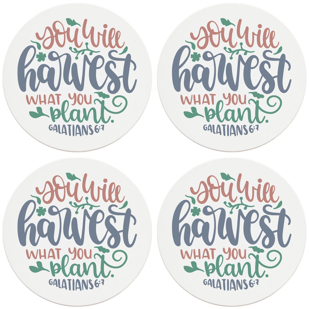4" Round Ceramic Coasters - You Will Harvest What You Plant, 4/Box, 2/Case, 8 Pieces - Christmas by Krebs Wholesale
