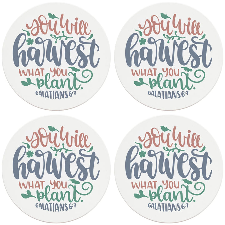 4" Round Ceramic Coasters - You Will Harvest What You Plant, 4/Box, 2/Case, 8 Pieces - Christmas by Krebs Wholesale