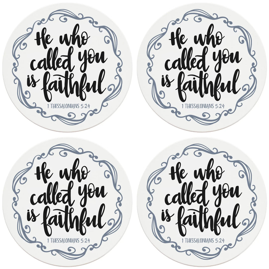 4" Round Ceramic Coasters - He Who Called You Is Faithful, 4/Box, 2/Case, 8 Pieces - Christmas by Krebs Wholesale