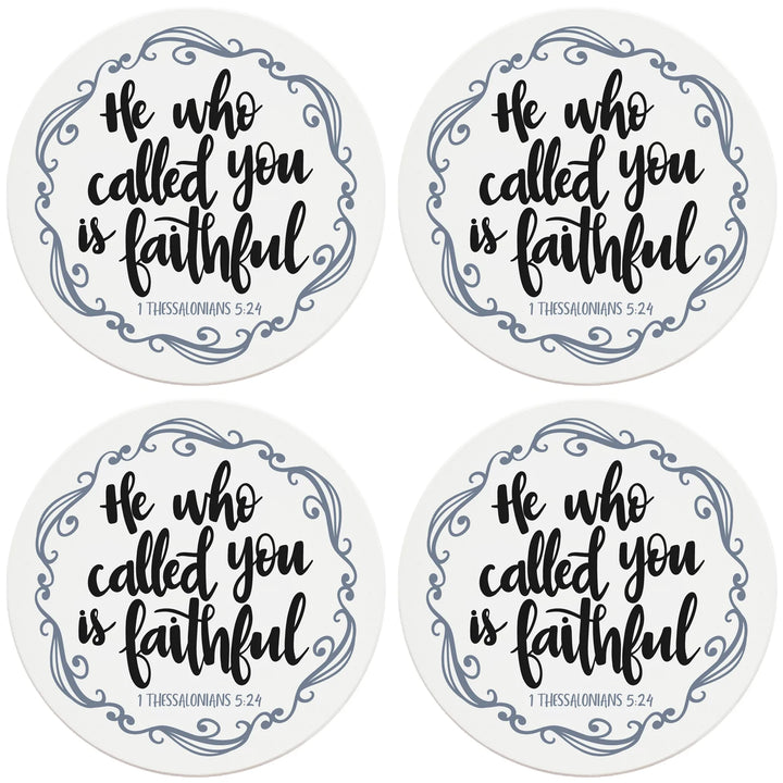 4" Round Ceramic Coasters - He Who Called You Is Faithful, 4/Box, 2/Case, 8 Pieces - Christmas by Krebs Wholesale