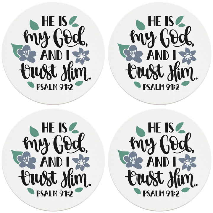 4" Round Ceramic Coasters - He Is My God And I Trust Him, 4/Box, 2/Case, 8 Pieces - Christmas by Krebs Wholesale