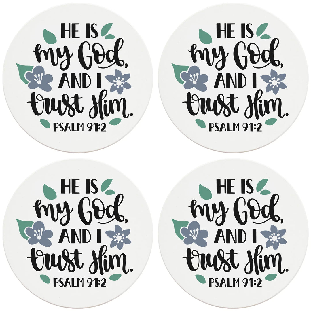 4" Round Ceramic Coasters - He Is My God And I Trust Him, 4/Box, 2/Case, 8 Pieces - Christmas by Krebs Wholesale