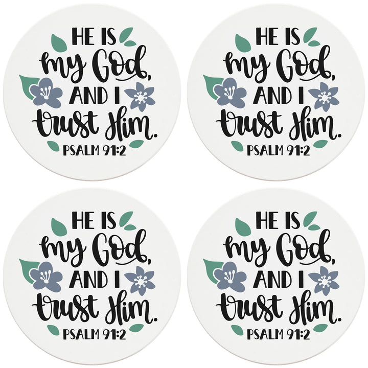 4" Round Ceramic Coasters - He Is My God And I Trust Him, 4/Box, 2/Case, 8 Pieces - Christmas by Krebs Wholesale