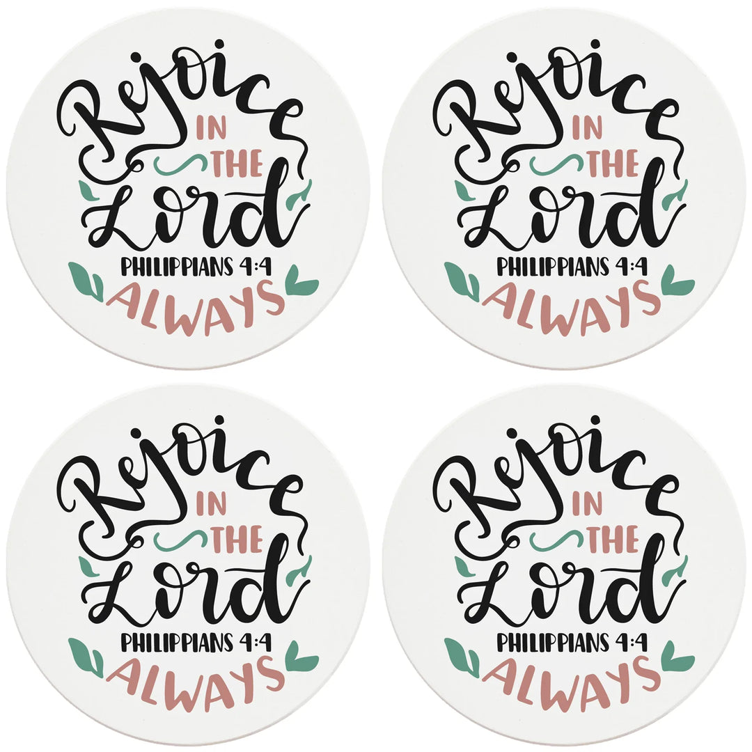 4" Round Ceramic Coasters - Rejoice In The Lord Always, 4/Box, 2/Case, 8 Pieces - Christmas by Krebs Wholesale