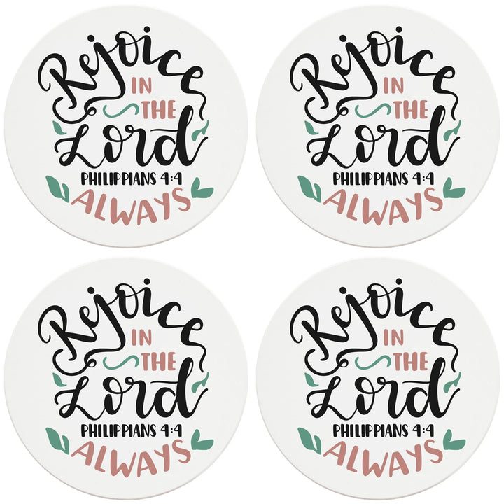 4" Round Ceramic Coasters - Rejoice In The Lord Always, 4/Box, 2/Case, 8 Pieces - Christmas by Krebs Wholesale