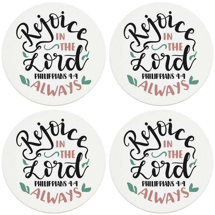 4" Round Ceramic Coasters - Rejoice In The Lord Always, 4/Box, 2/Case, 8 Pieces - Christmas by Krebs Wholesale