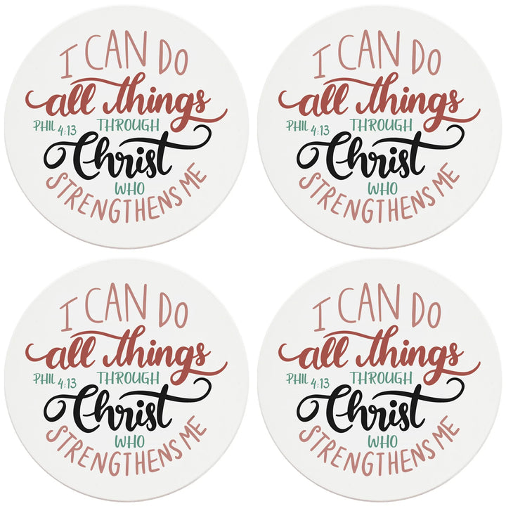 4" Round Ceramic Coasters - All Things Through Christ, 4/Box, 2/Case, 8 Pieces - Christmas by Krebs Wholesale