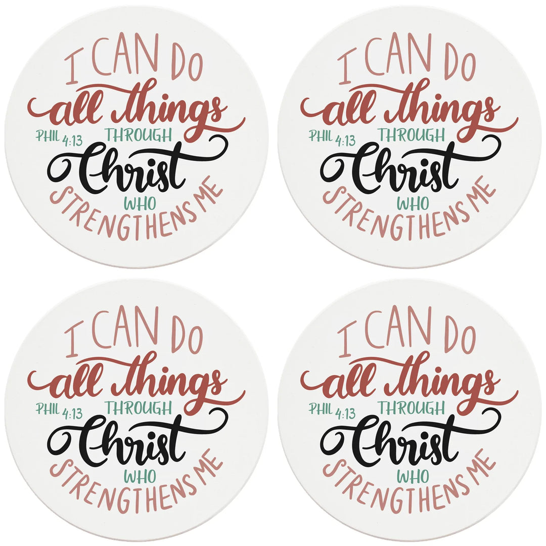 4" Round Ceramic Coasters - All Things Through Christ, 4/Box, 2/Case, 8 Pieces - Christmas by Krebs Wholesale