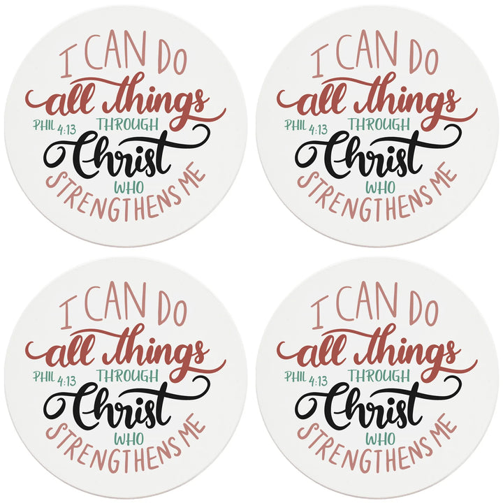4" Round Ceramic Coasters - All Things Through Christ, 4/Box, 2/Case, 8 Pieces - Christmas by Krebs Wholesale