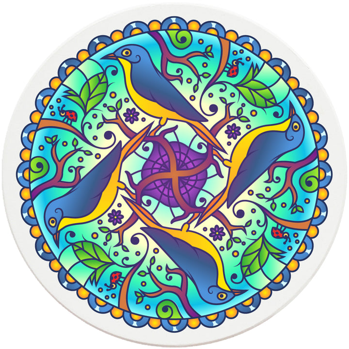 4" Round Absorbent Ceramic Designer Coasters - Mandala Bird, Set of 4