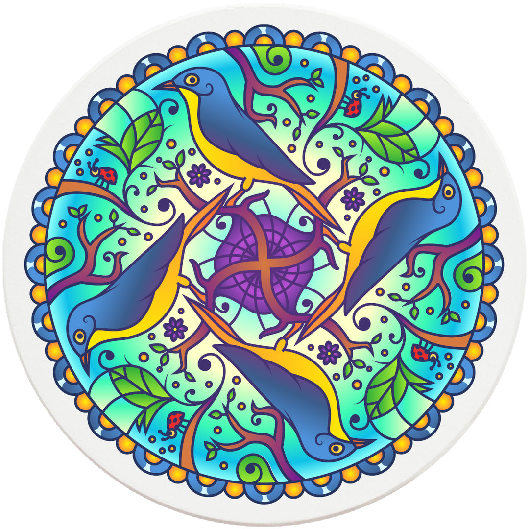 4" Round Absorbent Ceramic Designer Coasters - Mandala Bird, Set of 4