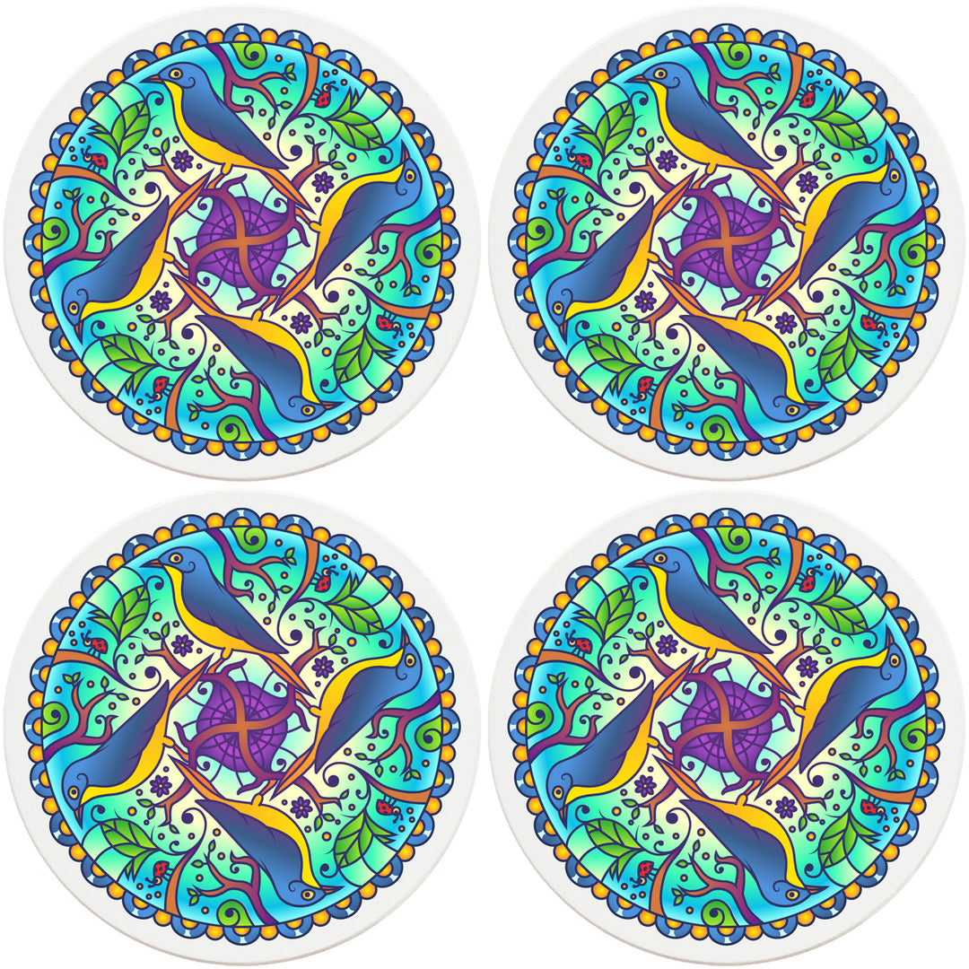 4" Round Absorbent Ceramic Designer Coasters - Mandala Bird, Set of 4