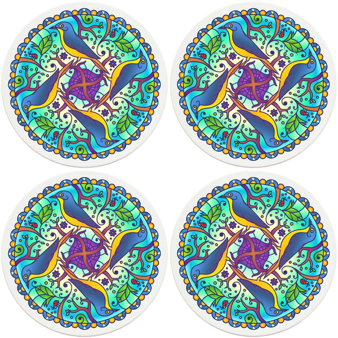 4" Round Absorbent Ceramic Designer Coasters - Mandala Bird, Set of 4