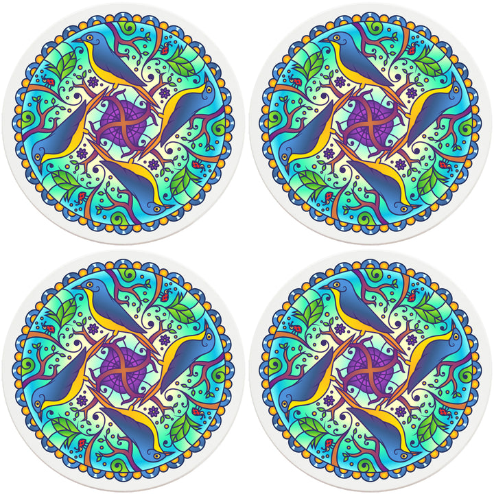 4" Round Absorbent Ceramic Designer Coasters - Mandala Bird, Set of 4