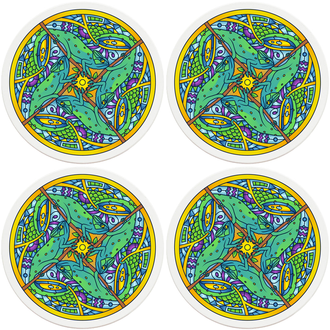 4" Round Absorbent Ceramic Designer Coasters - Mandala Chameleon, Set of 4