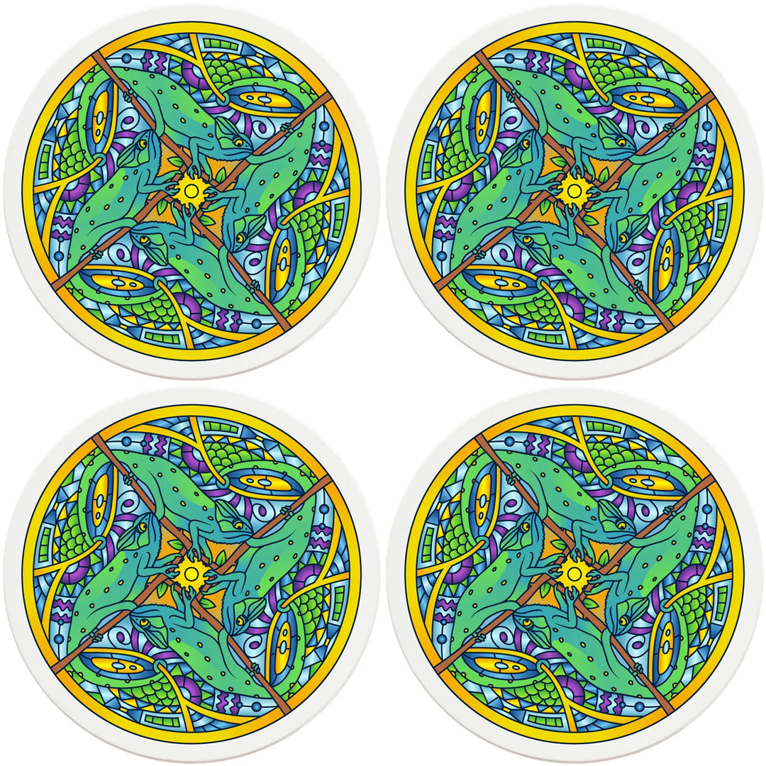 4" Round Ceramic Coasters - Mandala Chameleon, 4/Box, 2/Case, 8 Pieces - Christmas by Krebs Wholesale