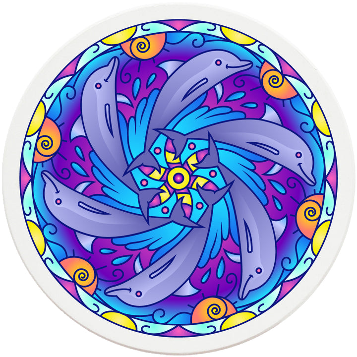 4" Round Absorbent Ceramic Designer Coasters - Mandala Dolphin, Set of 4