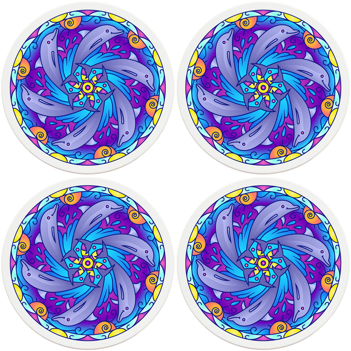 4" Round Absorbent Ceramic Designer Coasters - Mandala Dolphin, Set of 4