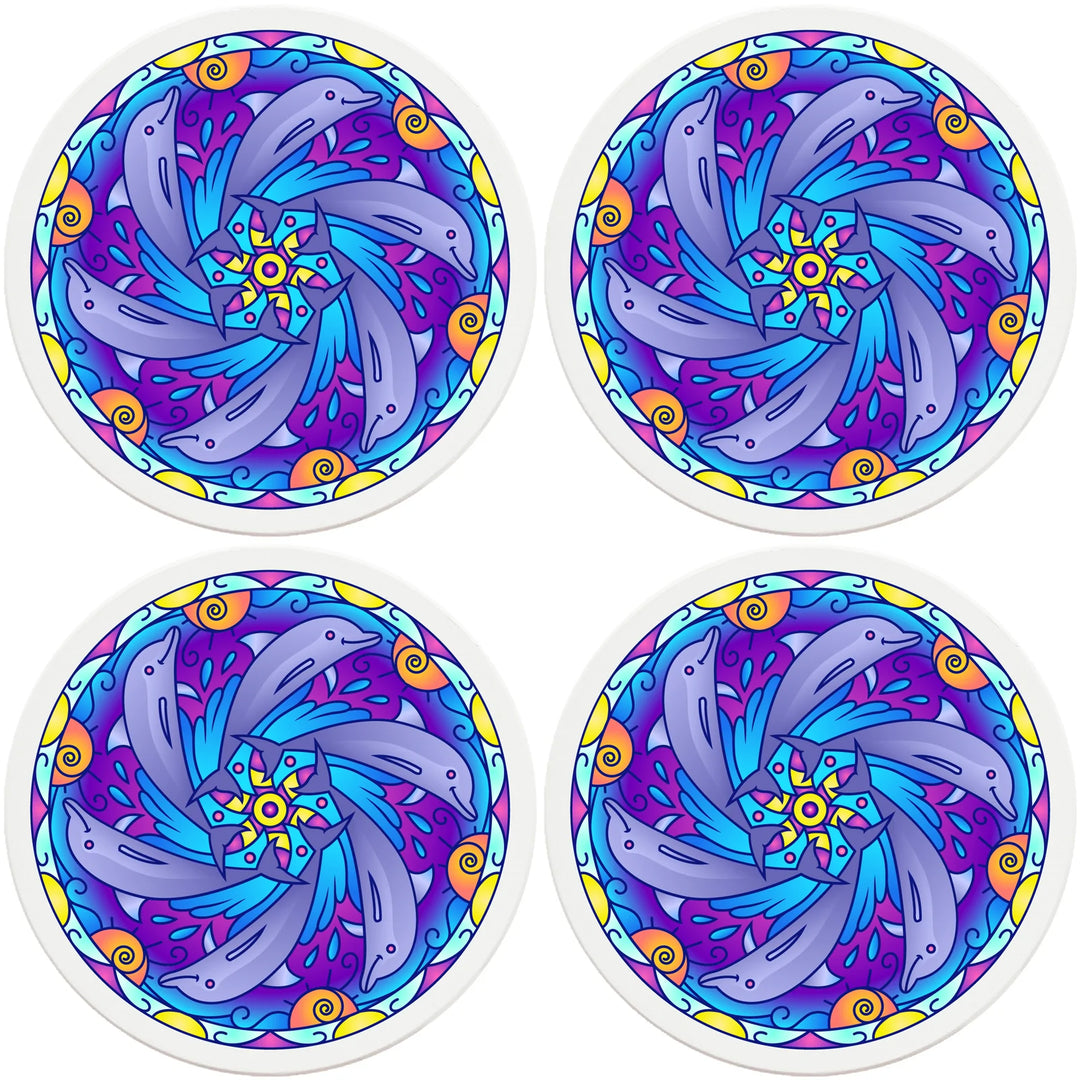 4" Round Ceramic Coasters - Mandala Dolphin, 4/Box, 2/Case, 8 Pieces - Christmas by Krebs Wholesale