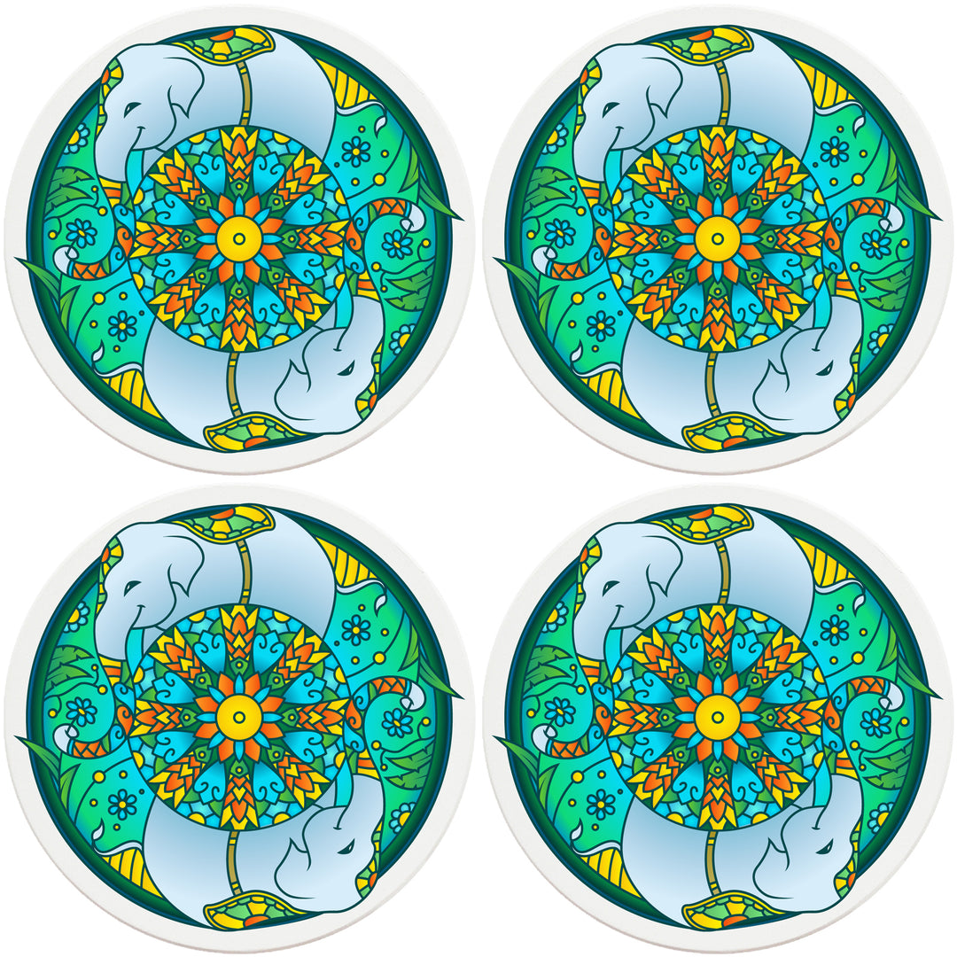 4" Round Absorbent Ceramic Designer Coasters - Mandala Elephant, Set of 4