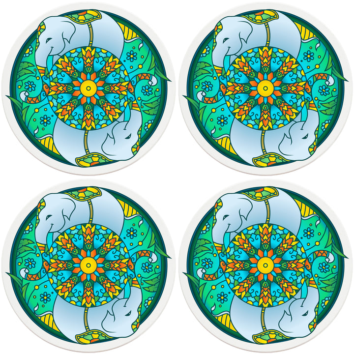 4" Round Absorbent Ceramic Designer Coasters - Mandala Elephant, Set of 4