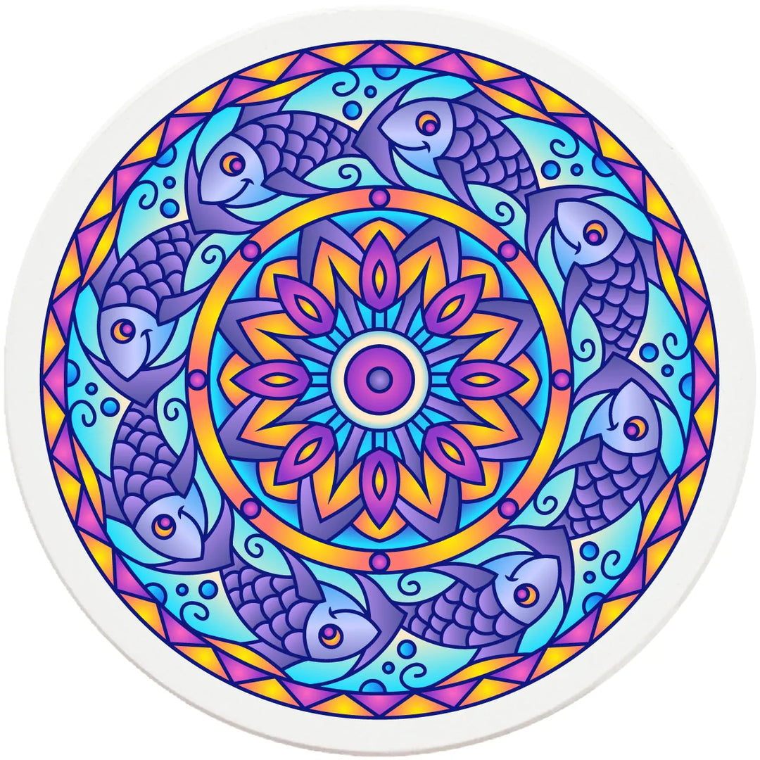 4" Round Ceramic Coasters - Mandala Fish, 4/Box, 2/Case, 8 Pieces - Christmas by Krebs Wholesale