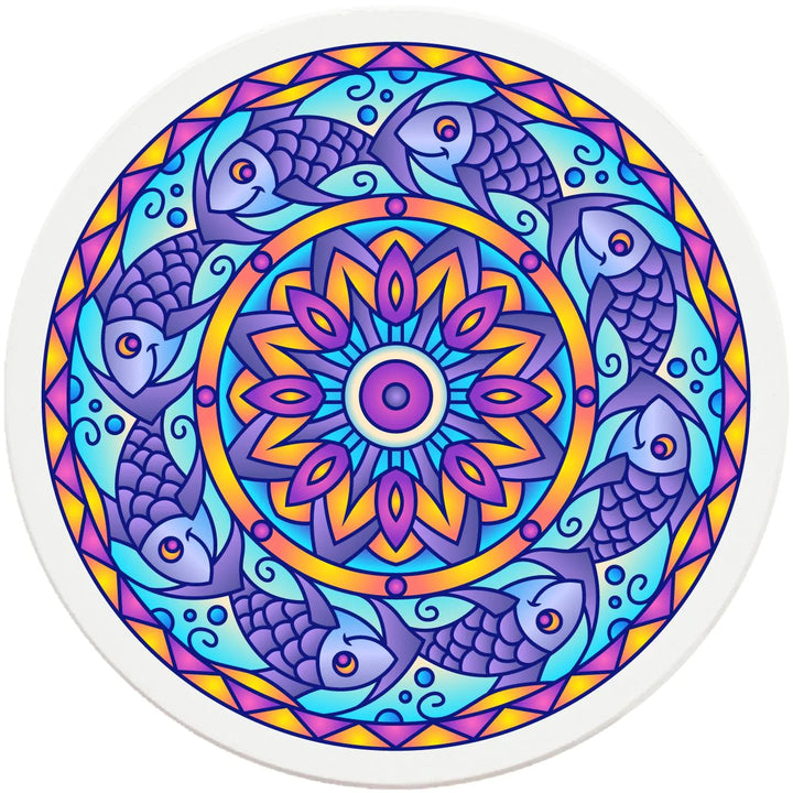 4" Round Ceramic Coasters - Mandala Fish, 4/Box, 2/Case, 8 Pieces - Christmas by Krebs Wholesale