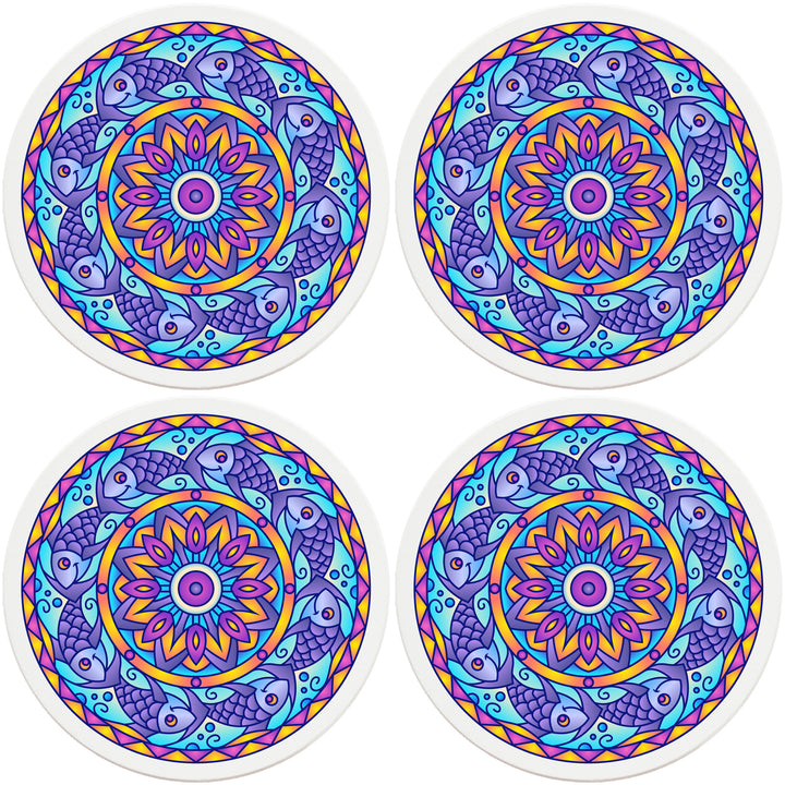 4" Round Absorbent Ceramic Designer Coasters - Mandala Fish, Set of 4