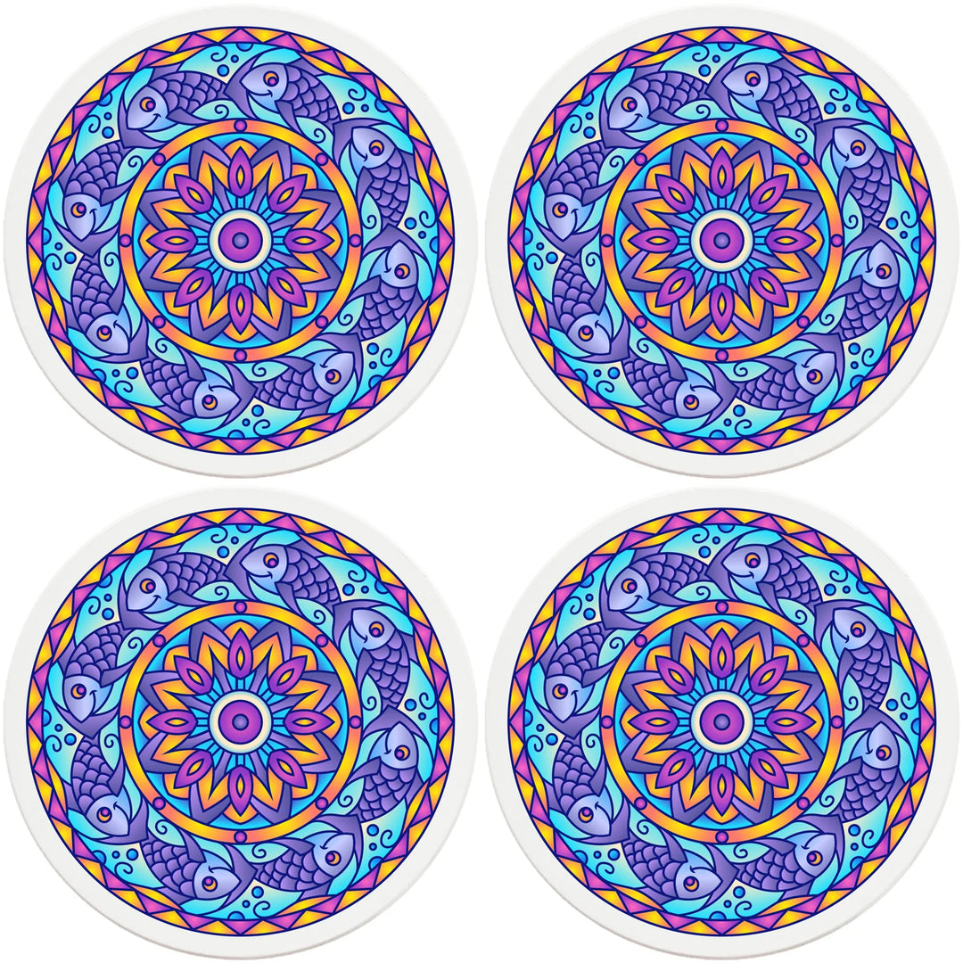 4" Round Ceramic Coasters - Mandala Fish, 4/Box, 2/Case, 8 Pieces - Christmas by Krebs Wholesale