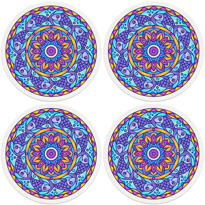 4" Round Ceramic Coasters - Mandala Fish, 4/Box, 2/Case, 8 Pieces - Christmas by Krebs Wholesale