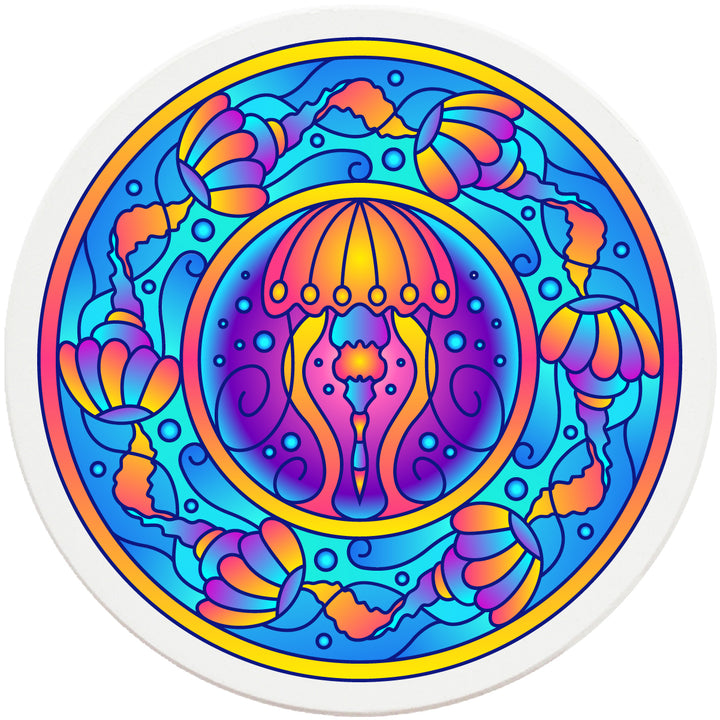 4" Round Absorbent Ceramic Designer Coasters - Mandala Jellyfish, Set of 4