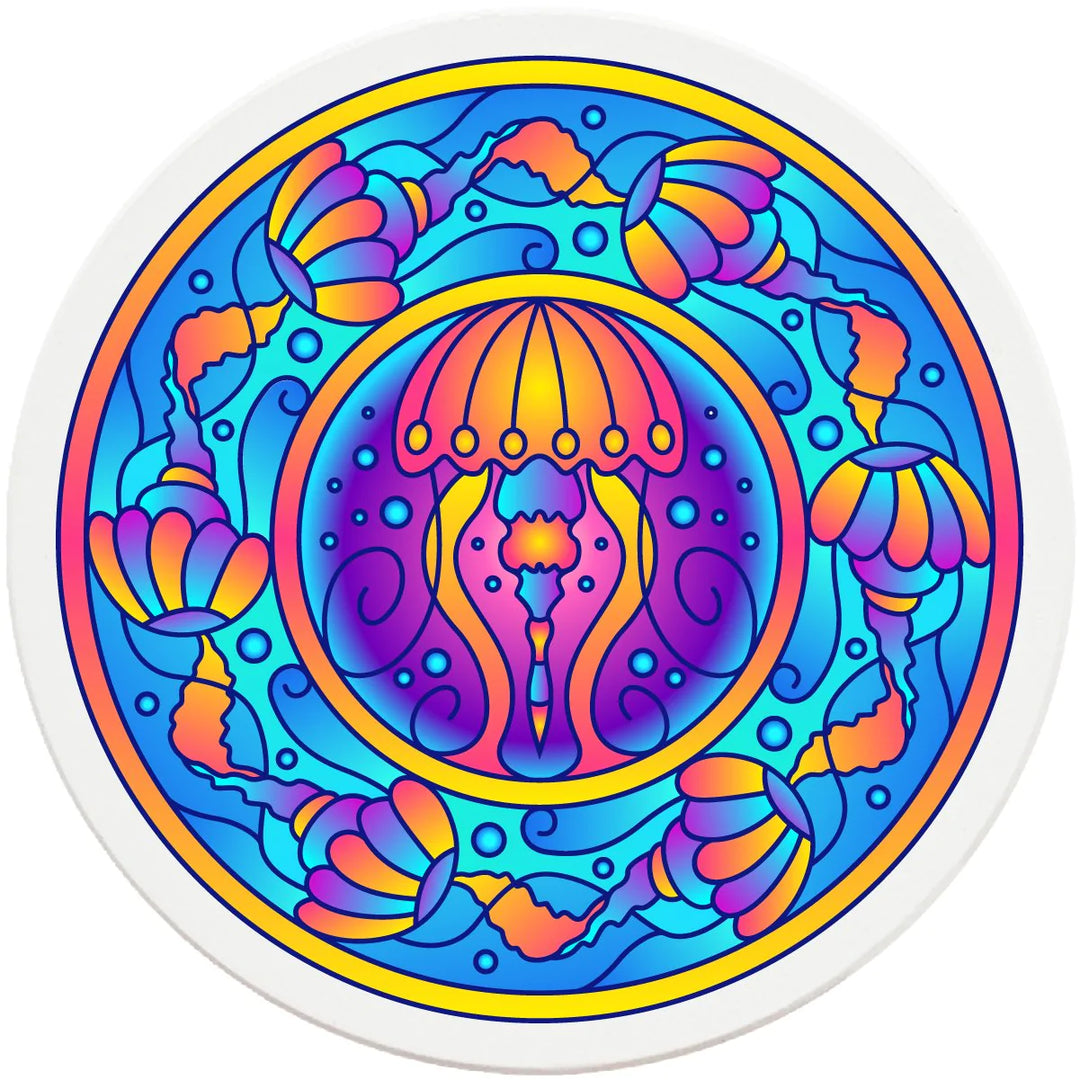 4" Round Ceramic Coasters - Mandala Jellyfish, 4/Box, 2/Case, 8 Pieces - Christmas by Krebs Wholesale