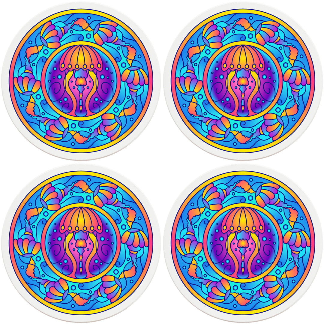 4" Round Absorbent Ceramic Designer Coasters - Mandala Jellyfish, Set of 4