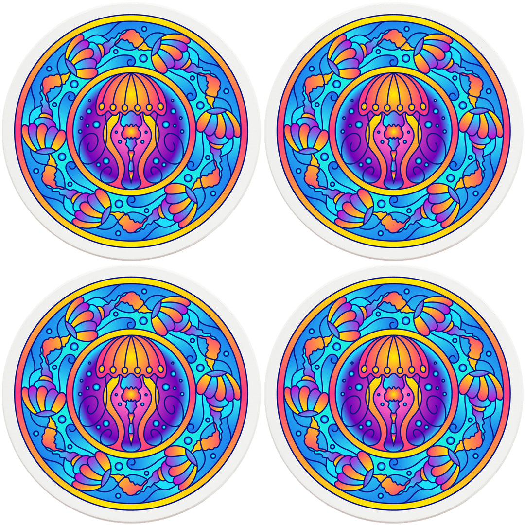 4" Round Absorbent Ceramic Designer Coasters - Mandala Jellyfish, Set of 4