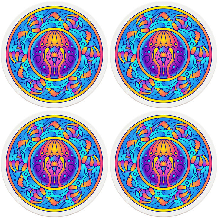 4" Round Absorbent Ceramic Designer Coasters - Mandala Jellyfish, Set of 4