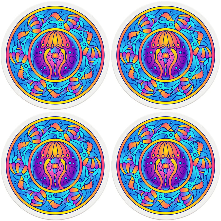 4" Round Ceramic Coasters - Mandala Jellyfish, 4/Box, 2/Case, 8 Pieces - Christmas by Krebs Wholesale