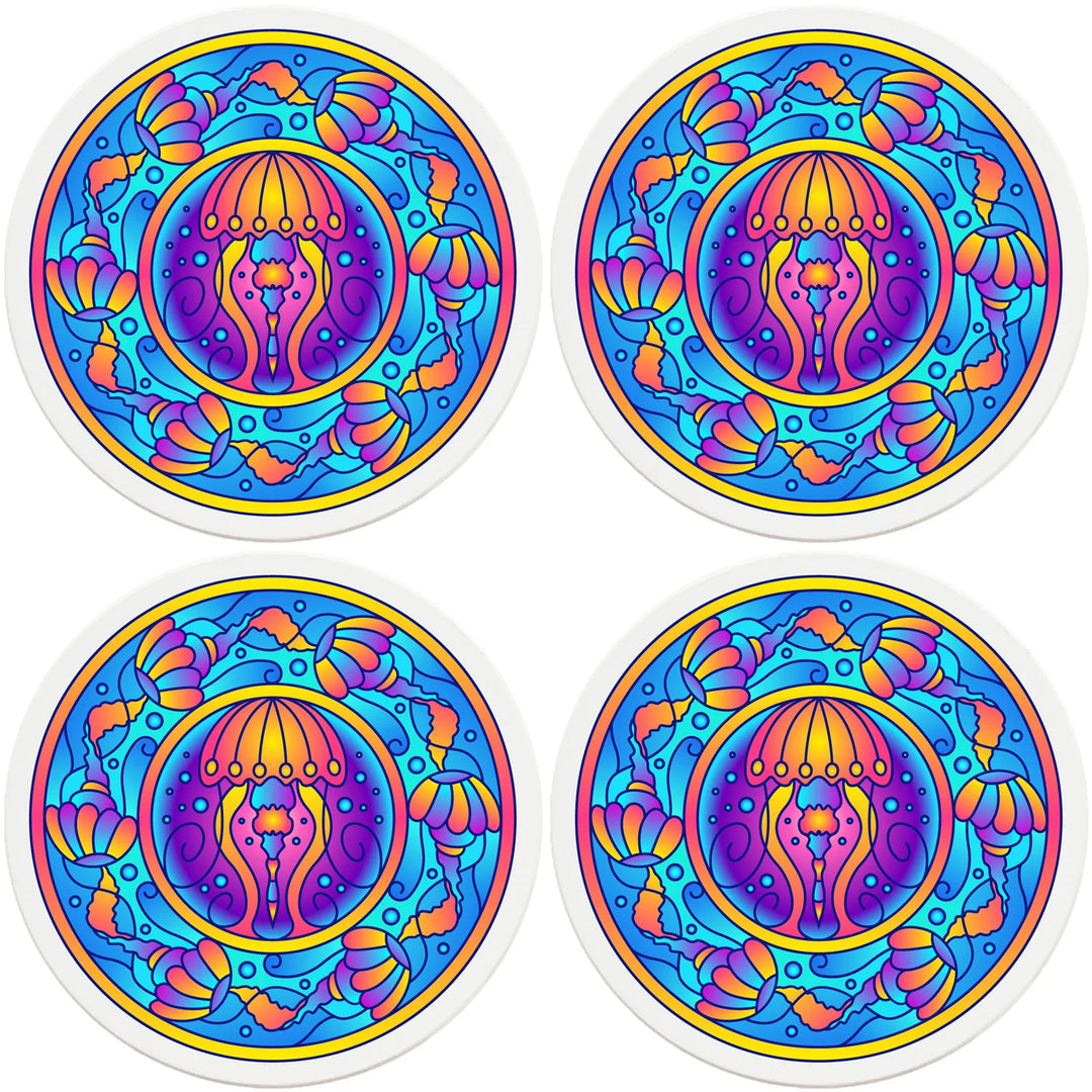 4" Round Ceramic Coasters - Mandala Jellyfish, 4/Box, 2/Case, 8 Pieces - Christmas by Krebs Wholesale
