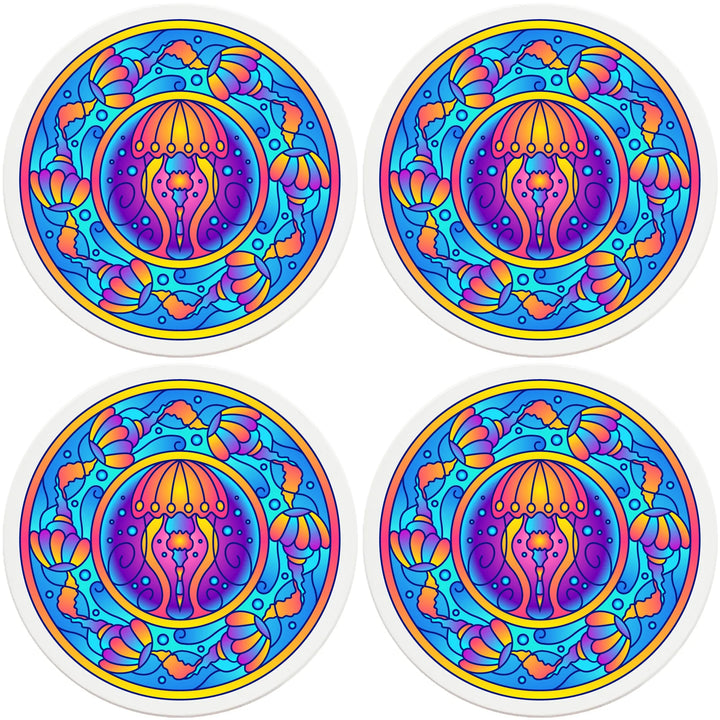 4" Round Ceramic Coasters - Mandala Jellyfish, 4/Box, 2/Case, 8 Pieces - Christmas by Krebs Wholesale