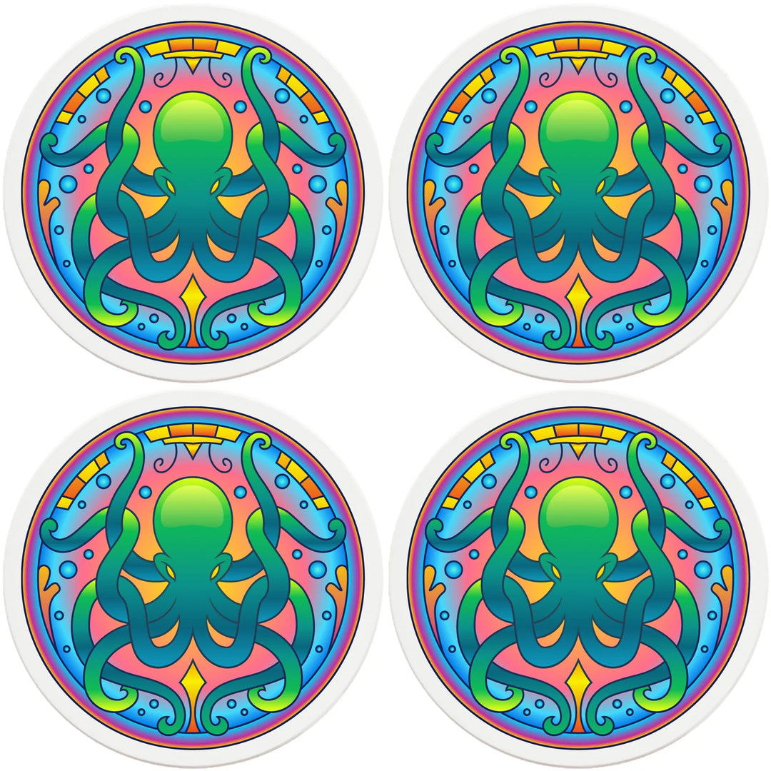 4" Round Ceramic Coasters - Mandala Octopus, 4/Box, 2/Case, 8 Pieces - Christmas by Krebs Wholesale