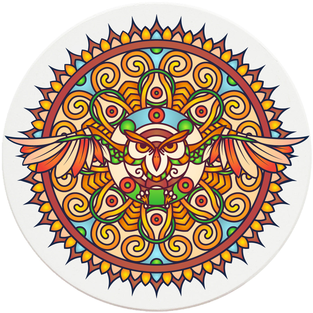 4" Round Absorbent Ceramic Designer Coasters - Mandala Owl, Set of 4