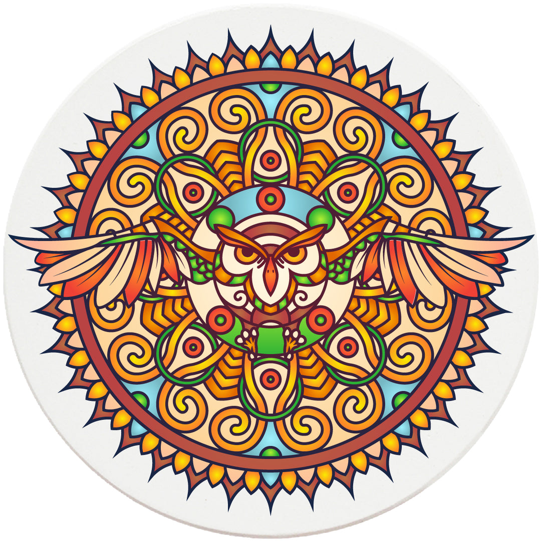 4" Round Absorbent Ceramic Designer Coasters - Mandala Owl, Set of 4