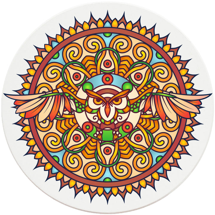 4" Round Absorbent Ceramic Designer Coasters - Mandala Owl, Set of 4