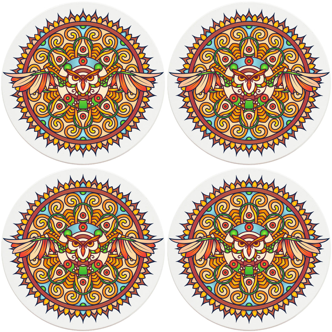 4" Round Absorbent Ceramic Designer Coasters - Mandala Owl, Set of 4