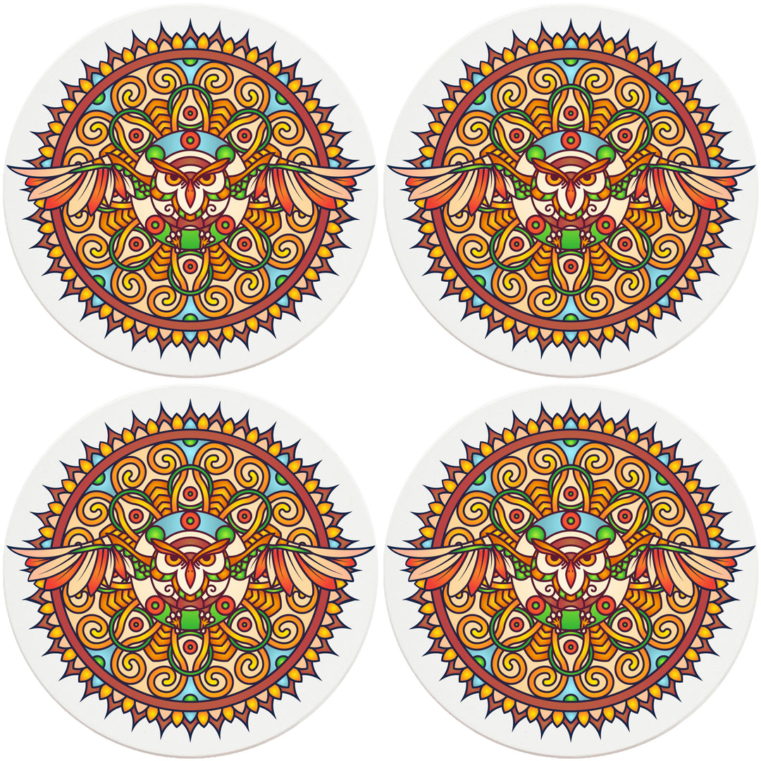 4" Round Absorbent Ceramic Designer Coasters - Mandala Owl, Set of 4