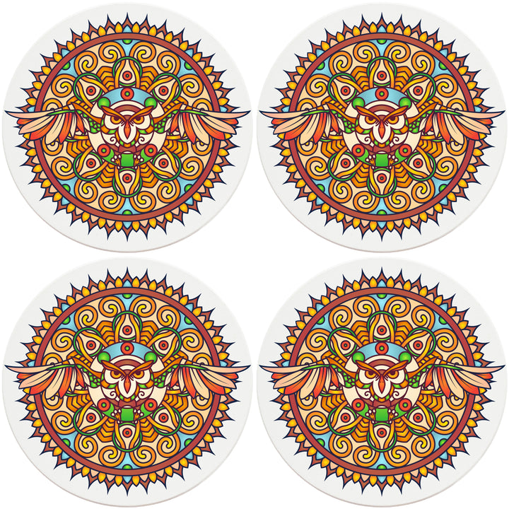 4" Round Absorbent Ceramic Designer Coasters - Mandala Owl, Set of 4